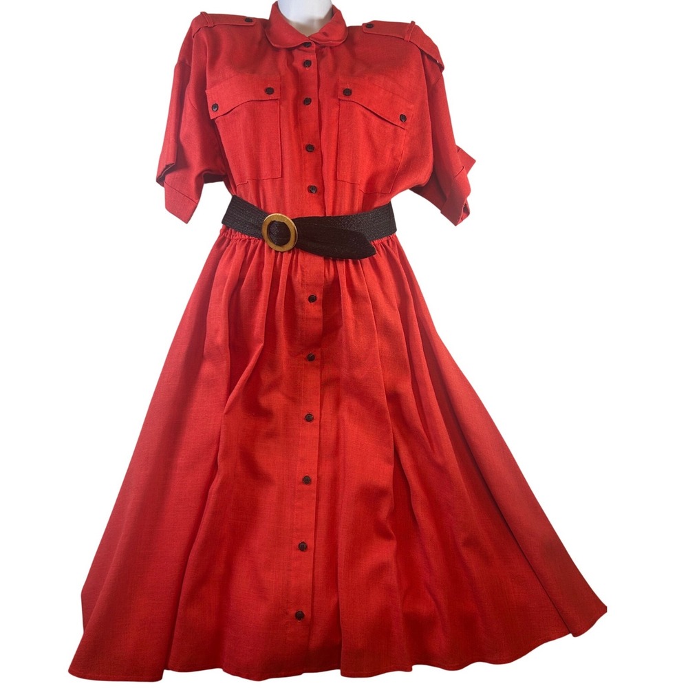 Susanna Vintage Red Peplum Dress Short Sleeve Belted Military style Midi Sz 10